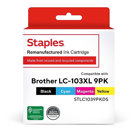 Staples Remanufactured Black/Cyan/Magenta/Yellow High Yield Ink Cartridge Replacement for Brother LC103XL (STLC1039PKDS), 9/Pack~#|#~2EF137D3-FDBD-43F2-8A4942BE5BD8106D_sc7
