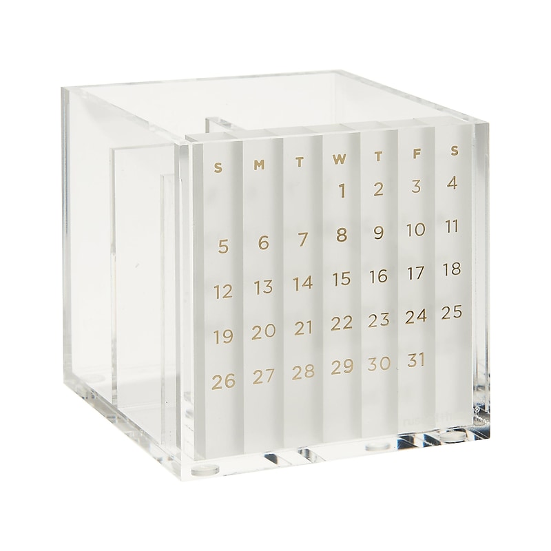 Russell+Hazel Bloc 2-Compartment Stackable Acrylic Pencil Cup with Monthly Calendar, Clear/Gold (93917) image 1