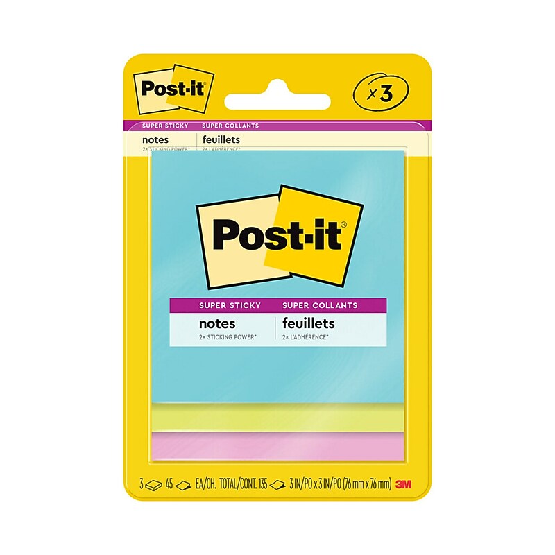 Post-it Super Sticky Notes, 3" x 3", Supernova Neons Collection, 45 Sheets/Pad, 3 Pads/Pack (3321-SSMIA) image 1