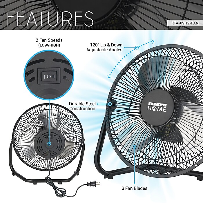 Techni Home 9” Desk Fan, 2 Speed, Black (RTA-09HV-FAN) | Staples