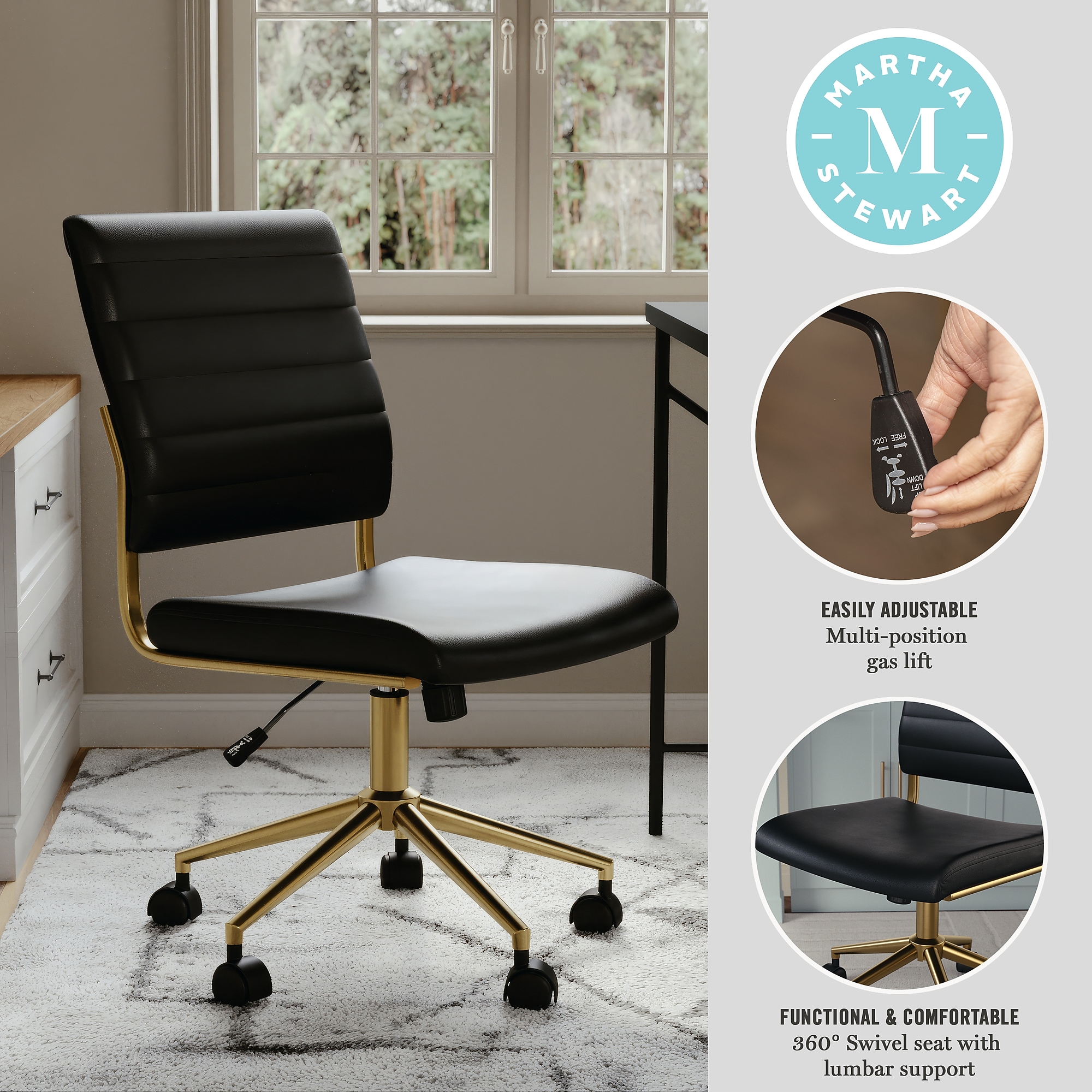 Martha Stewart Ivy Armless Faux Leather Swivel Office Chair, Black/Polished Brass (CH2209211BKGLD) Sansujyuku sansujyuku.com