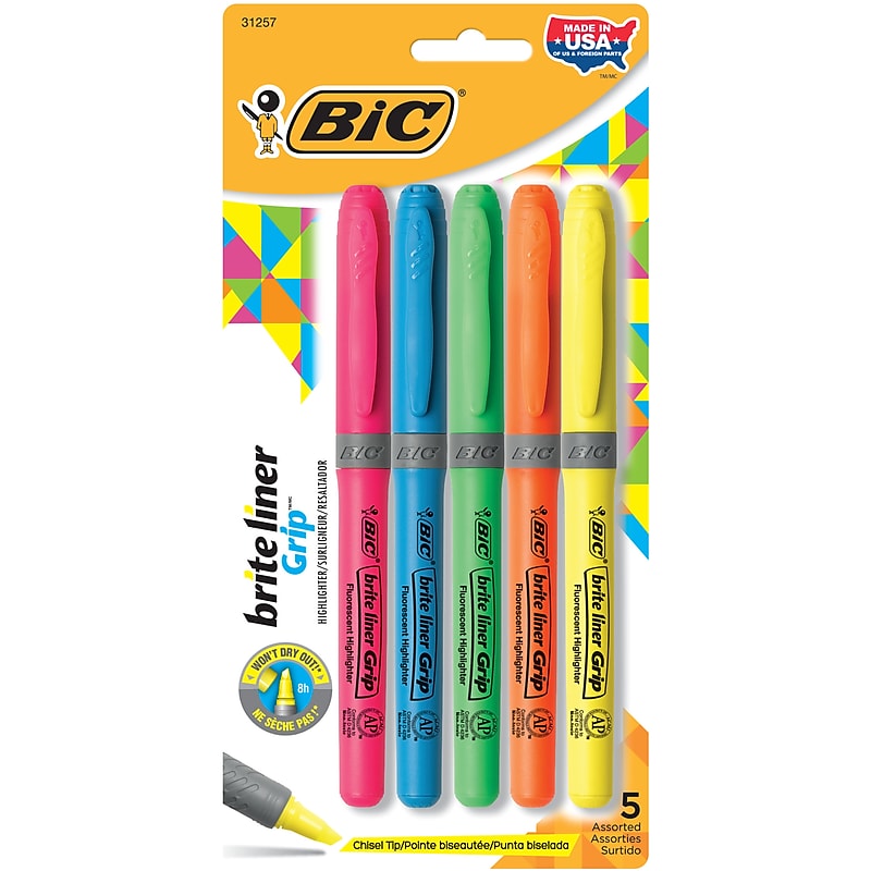 BIC Brite Liner Stick Highlighter with Grip, Chisel Tip, Assorted, 5/Pack (31257) image 1