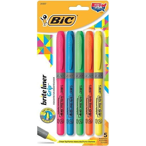 BIC Brite Liner Stick Highlighter with Grip, Chisel Tip, Assorted, 5/Pack  (31257)