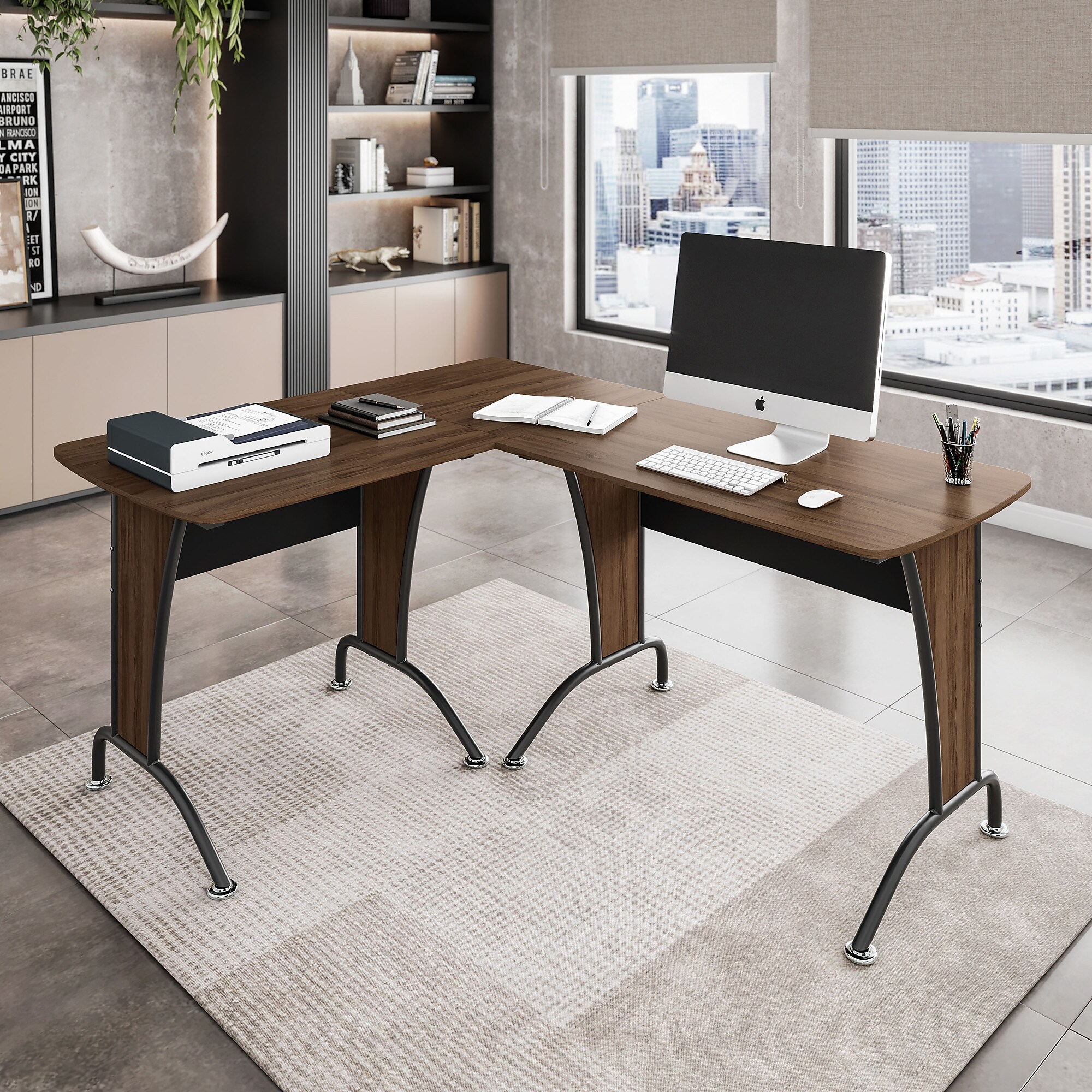 Techni Mobili Deluxe L-Shaped Desk with Inline Team Desk Option, Walnut/Grey(RTA-3806-M615) Sansujyuku sansujyuku.com