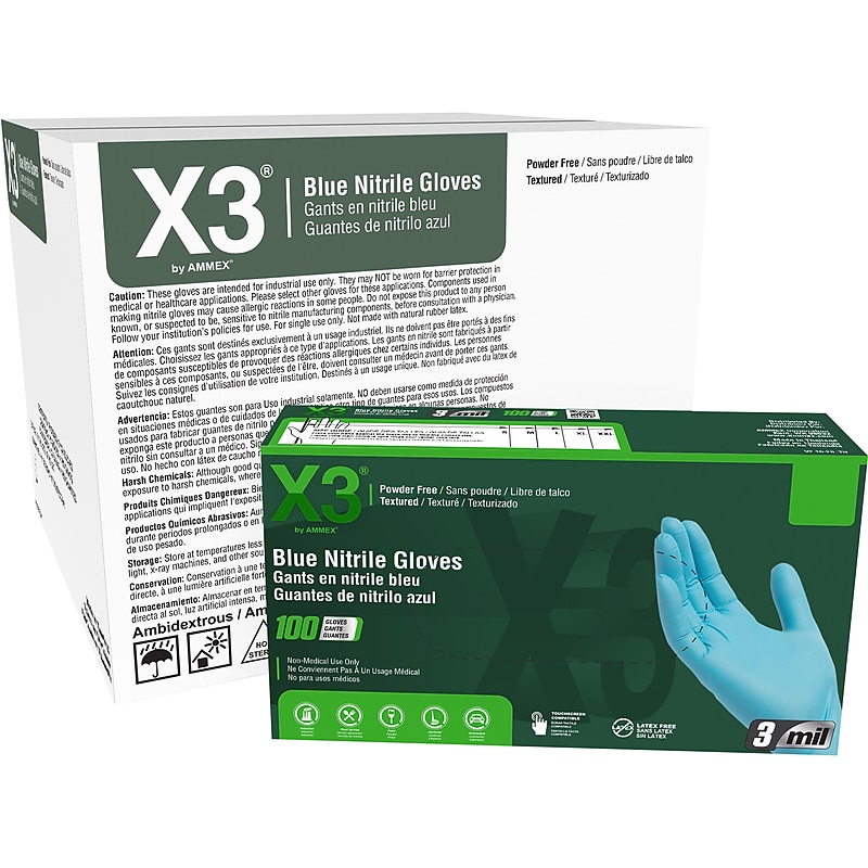 Ammex X3 Nitrile Gloves, Large, Blue, 100/Box, 10 Boxes/Carton (X346100XX) image 1