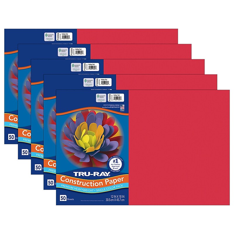 Tru-Ray 12" x 18" Construction Paper, Holiday Red, 50 Sheets/Pack, 5 Packs/Bundle (PAC102994-5) image 1