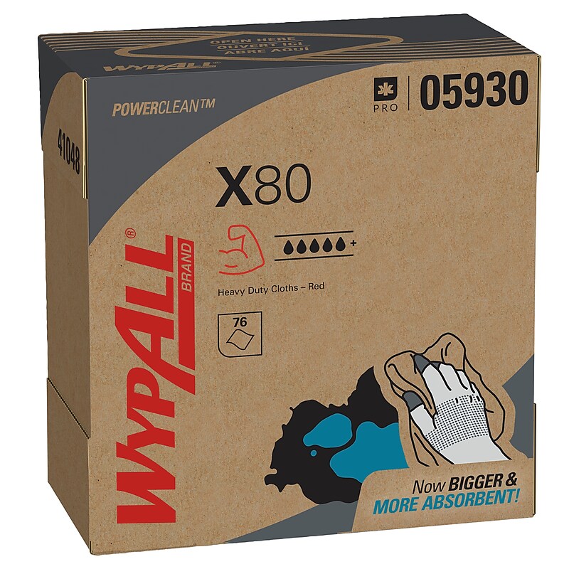 WypAll PowerClean X80 Cloths, 8.34" x 16.8", Red, 76 Sheets/Box, 5 Boxes/Carton (05930) image 1