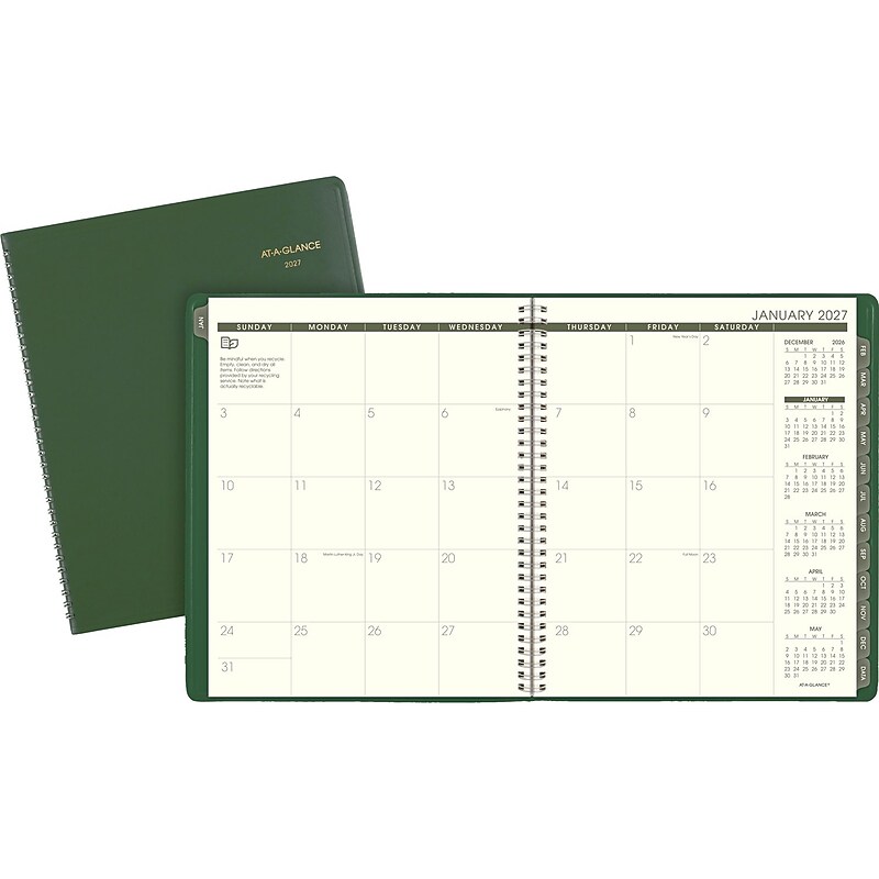 2027 AT-A-GLANCE Recycled 9" x 11" Monthly Planner, Faux Leather Cover, Green (70-270G-60-27) image 1