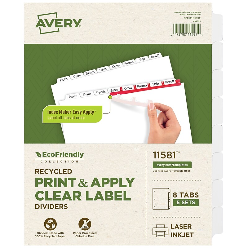 Avery Index Maker EcoFriendly Paper Dividers with Print & Apply Label Sheets, 8 Tabs, White, 5 Sets/Pack (11581) image 1