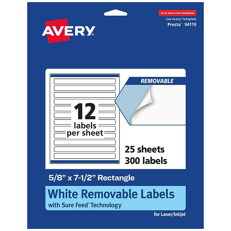 Avery Laser/Inkjet Rectangle Multipurpose Labels, 5/8" x 7-1/2", White, 300 Labels/Pack (94119) image 1