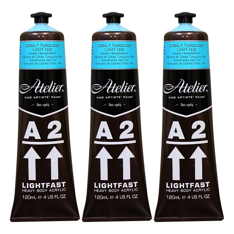Chroma Atelier A2 Lightfast Acrylic Paint Tube, Cobalt Turquoise Light Hue, 4 oz., 3/Bundle (CRM784-3) image 1