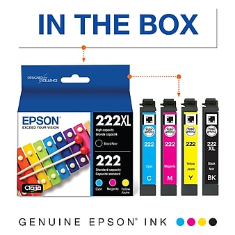 Epson 222XL/222 Black High Yield and Cyan/Magenta/Yellow Standard Yield Ink Cartridges, 4/Pack (T222XL-BCS)