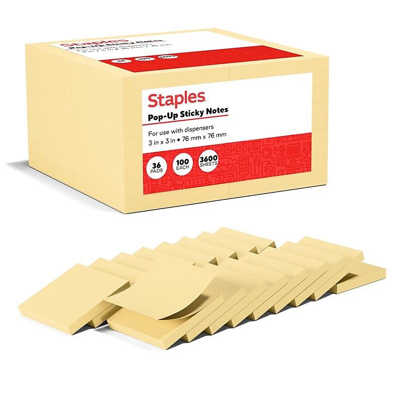 Staples Recycled Pop-up Sticky Notes, 3" x 3", Sunshine Collection, 100 Sheets/Pad, 36 Pads/Pack (S-33YRP36) image 1