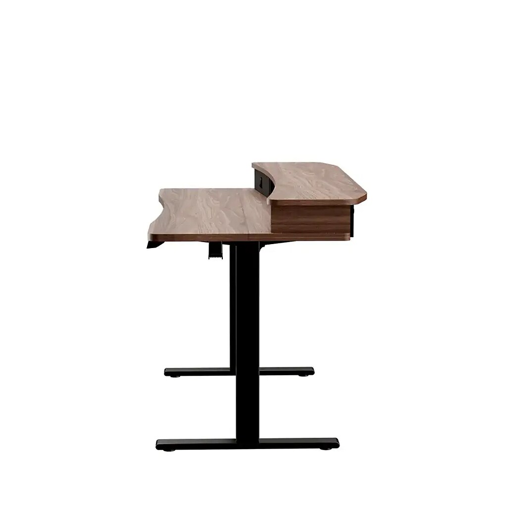 Side profile of a walnut-finish desk with raised shelf and black pedestal legs