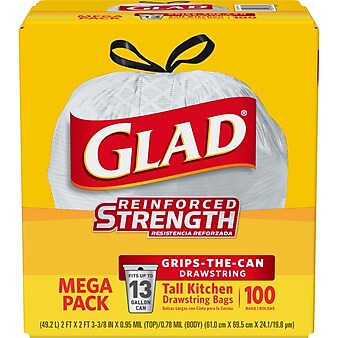 CloroxPro™ Glad ® ForceFlex Tall Kitchen Drawstring Trash Bags, 13 Gallon White Trash Bag, 100 Count (78374)