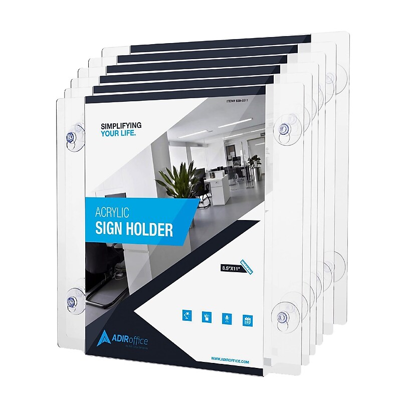 AdirOffice Window Sign Holder, 8.5" x 11", Vertical/Horizontal, Side Loading, Clear Acrylic, 24/Pack (639-8511-WSH-24) image 1