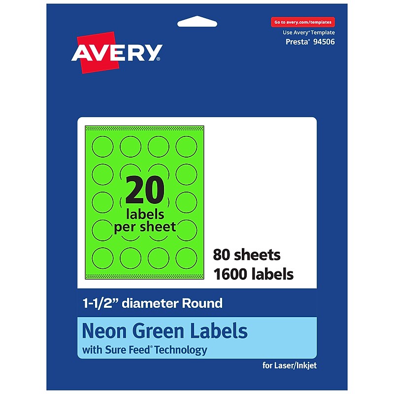 Avery Laser/Inkjet Multipurpose Circle Labels, 1.5" Dia., Neon Green, 1600/Box (94506) image 1
