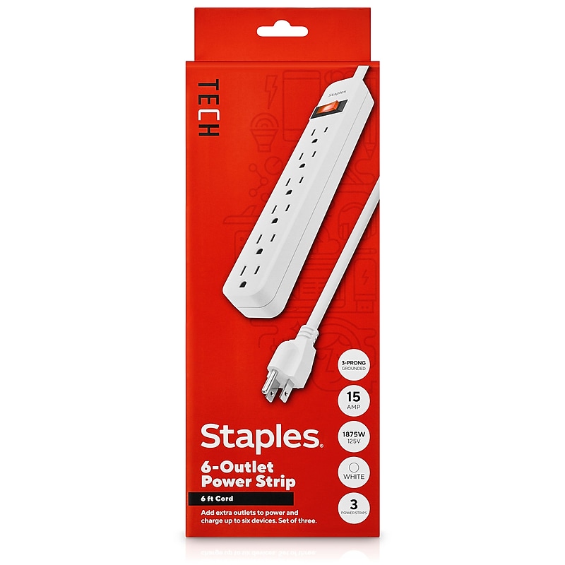 Staples TECH 6-Outlet Power Strip, 6' Cord, White, 3/Pack (42320) image 1