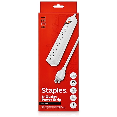 Staples TECH 6-Outlet Power Strip, 6′ Cord, White, 3/Pack (42320) Simolary simolary.com 6