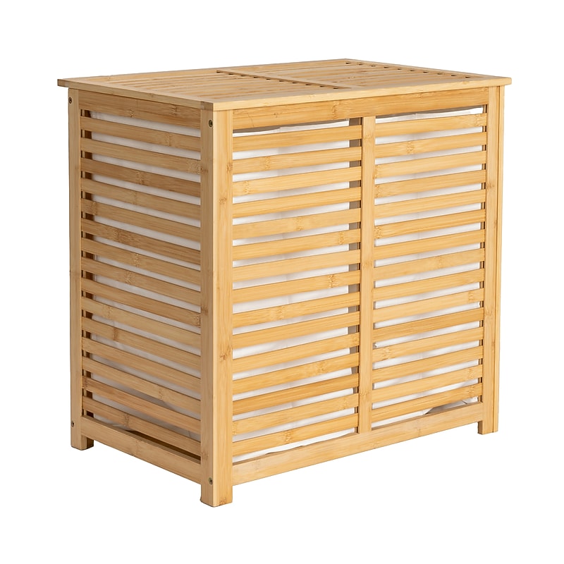Household Essentials 2-Section Hamper with Lid, Bamboo, Natural (HE1172) image 1