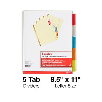 Staples Large Tab Insertable Paper Dividers, Assorted Color 5 Tab, Buff (13485/11109)