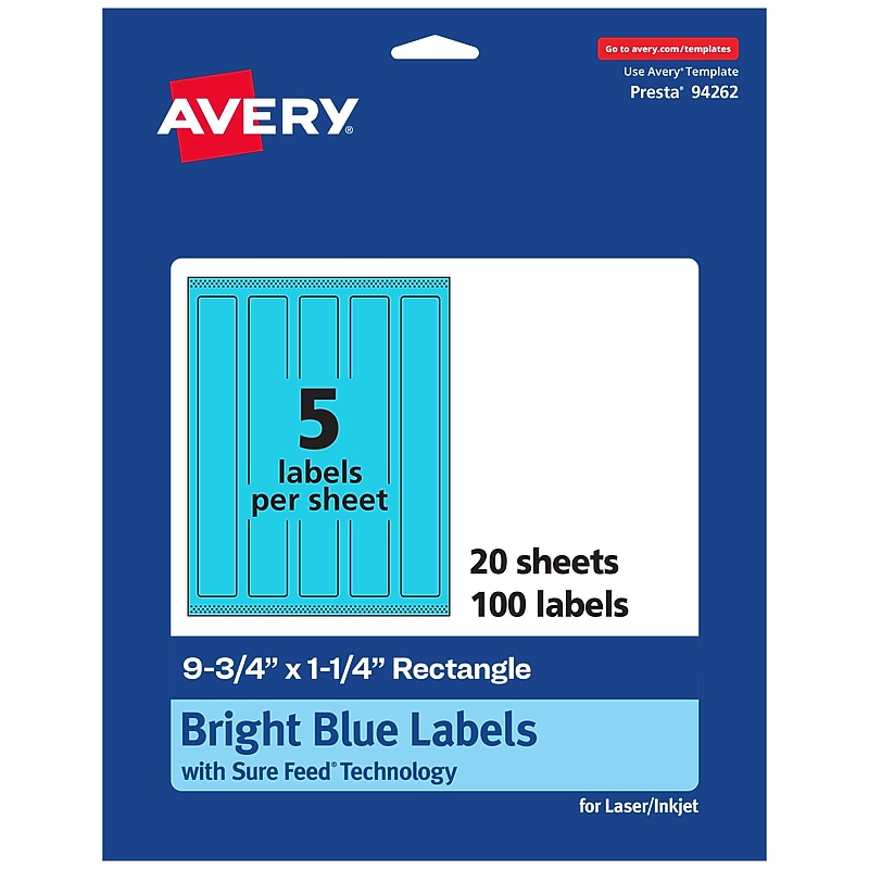 Avery Printable Rectangle Multipurpose Labels, 9.75" x 1.25", Bright Blue, 100/Pack (94262) image 1