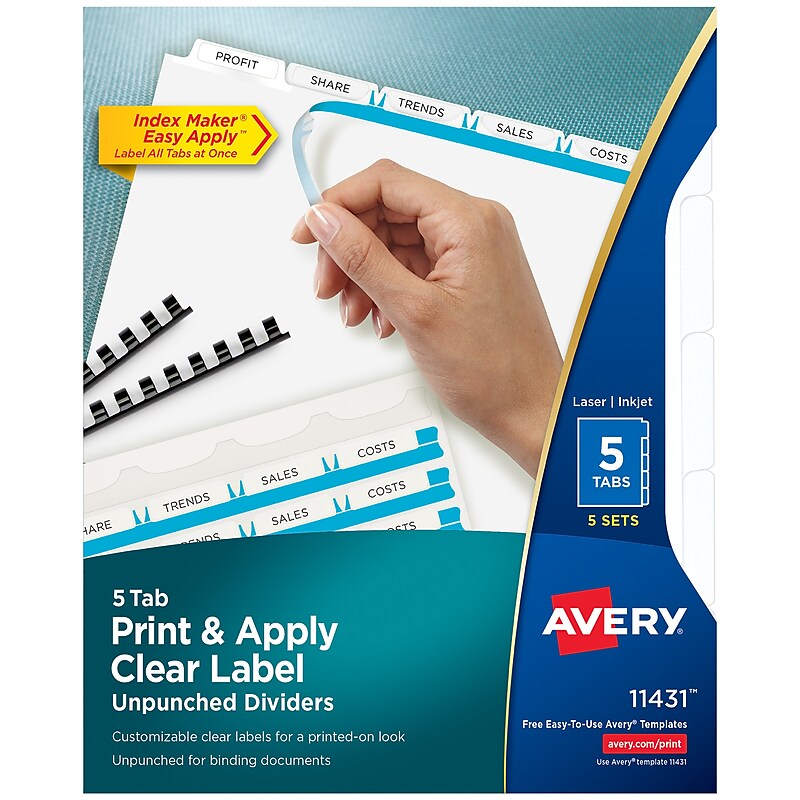 Avery Index Maker Paper Dividers with Print & Apply Label Sheets, 5 Tabs, White, 5 Sets/Pack (11431) image 1