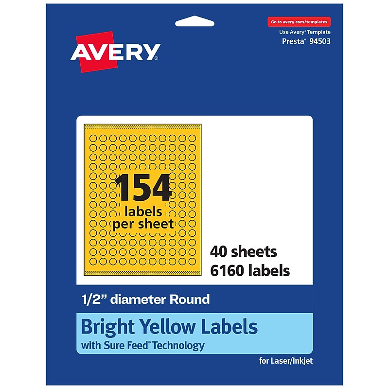 Avery Laser/Inkjet Round Multipurpose Labels, 0.5" Dia., Bright Yellow, 6160/Pack (94503) image 1