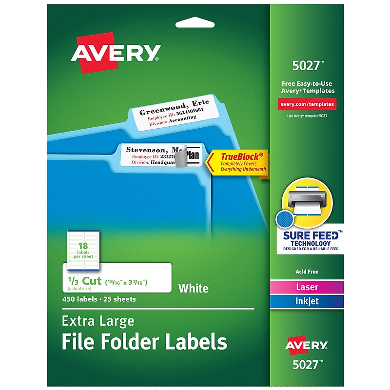 Avery TrueBlock Laser/Inkjet Extra Large File Folder Labels, 15/16" x 3-7/16", White, 450 Labels/Pack (5027) image 1