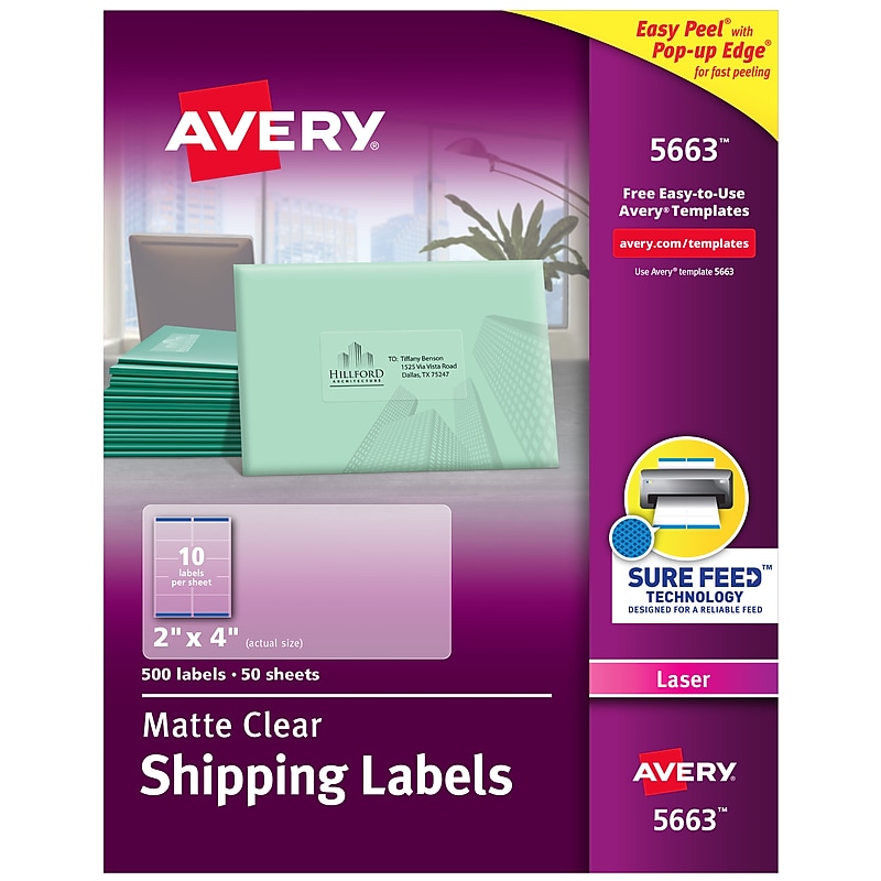 Avery Easy Peel Laser Shipping Labels, 2" x 4", Clear, 500 Labels/Box (5663) image 1