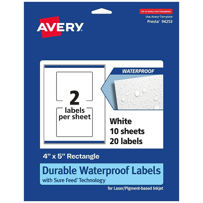 Avery Laser/Inkjet Rectangle Waterproof Multipurpose Labels, 5