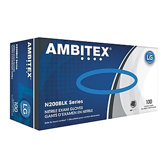 Ambitex N200BLK Nitrile Exam Gloves, Powder Free, Latex Free, Black, Large, 100/Box (NLG200BLK)