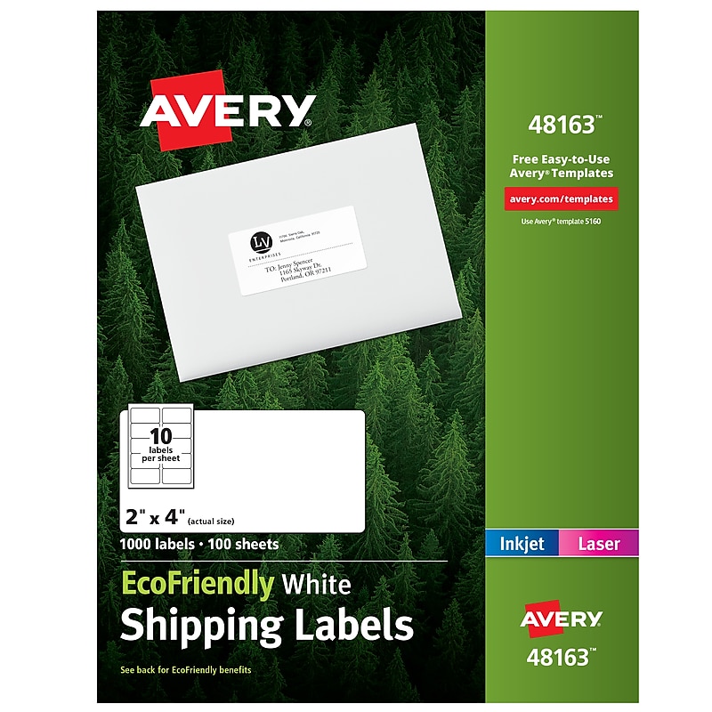 Avery EcoFriendly Laser/Inkjet Shipping Labels, 2" x 4", White, 1,000 Labels/Box (48163) image 1