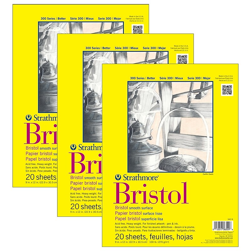 Strathmore 300 Series 9" x 12" Tape Bound Bristol Sketch Pad, 20 Sheets/Pad, 3/Bundle (STTP342903-3) image 1