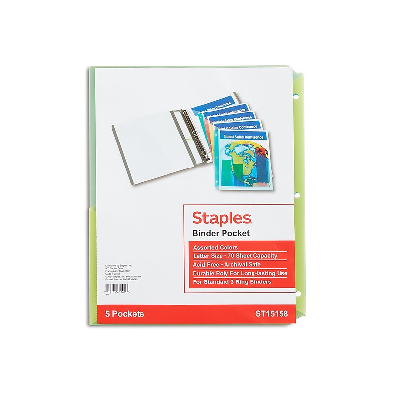 Staples Poly Binder Pocket, 3-Hole Punched, Assorted Colors, 5/Pack (ST15158-CC) image 1