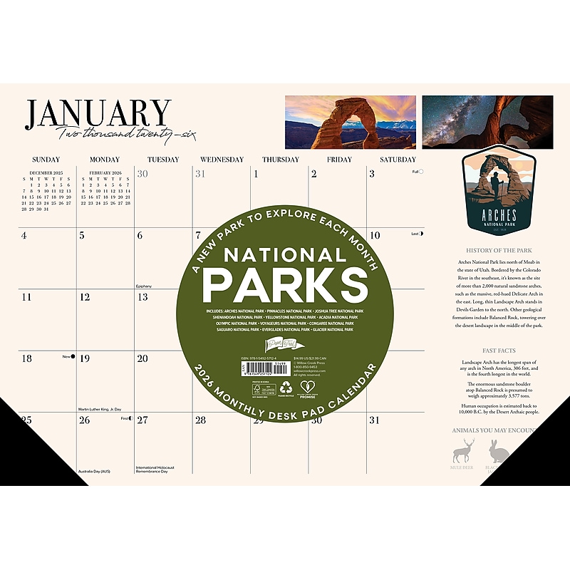 2026 Willow Creek National Parks 17" x 12" Monthly Desk Pad Calendar (57124) image 1