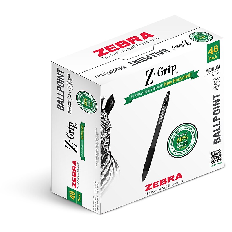 Zebra Z-Grip Retractable Ballpoint Pen, Medium Point, 1.0mm, Black Ink, 48/Pack (20418) image 1