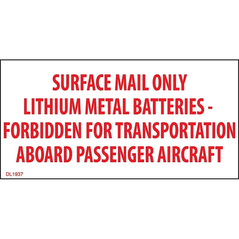 Decker Tape Products DL1937 "SURFACE MAIL ONLY-LITHIUM METAL BATTERIES" Adhesive Label, 2" x 4", White/Red (10000050) image 1