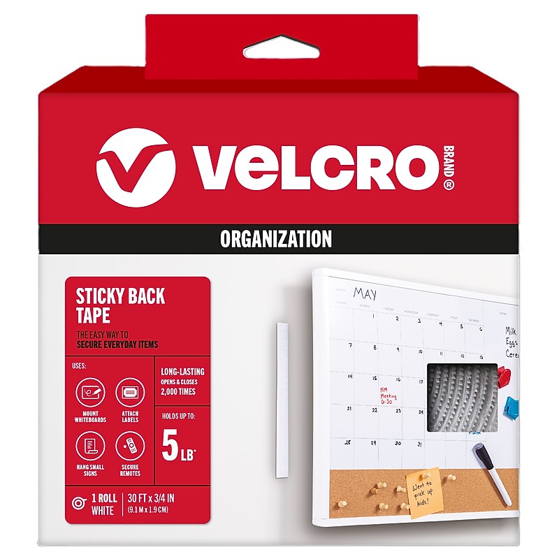 Velcro 0.75"W x 360"L Sticky Back Hook & Loop Fastener, White, Roll (91138) image 1