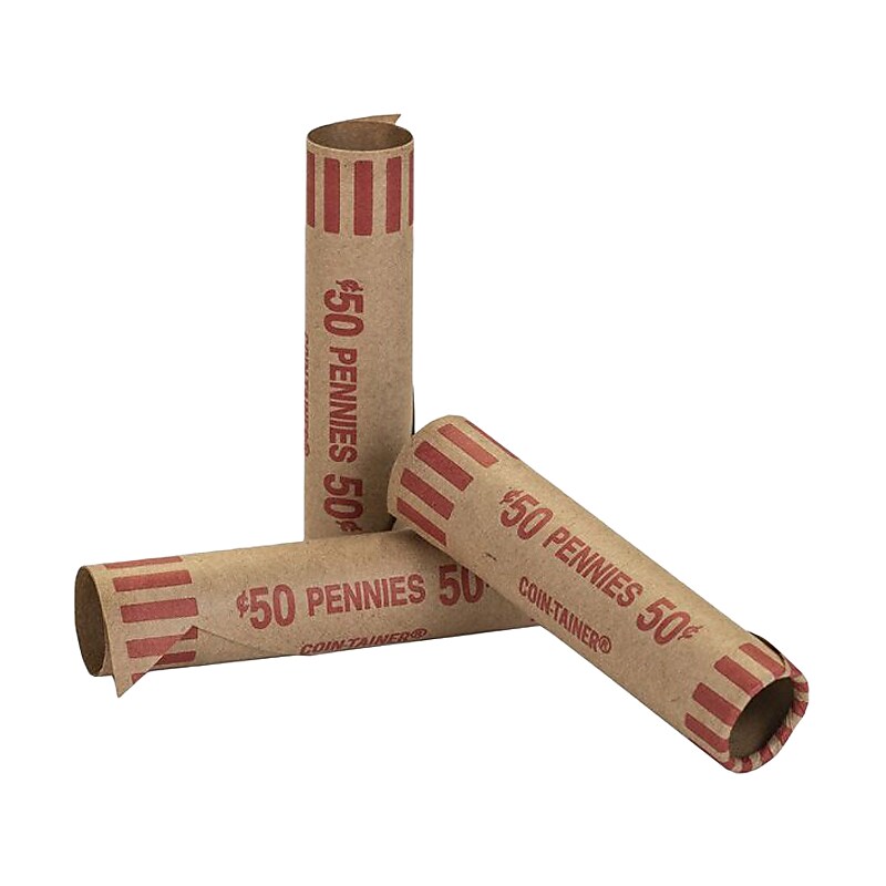 CONTROLTEK 50¢ Penny Crimped-End Coin Wrapper, Kraft/Red, 1000/Carton (560051) image 1