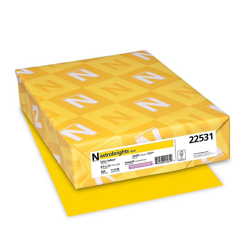 Astrobrights 8.5" x 11" Color Copy Paper, 24 lbs. Solar Yellow, 500 Sheets/Ream (22531/21538) image 1