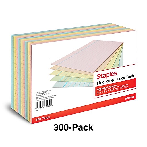 Staples 5" x 8" Index Cards, Lined, Assorted Colors, 300/Pack (TR50995