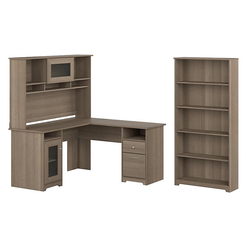 Bush Furniture Cabot 60"W L-Shaped Desk with Hutch and 5-Shelf Bookcase, Ash Gray (CAB011AG) image 1