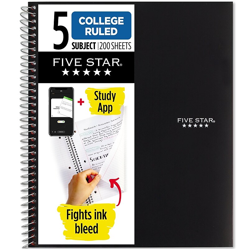 Five Star 5-Subject Subject Notebook, 8.5" x 11", College Ruled, 200 Sheets, Black (72081) image 1