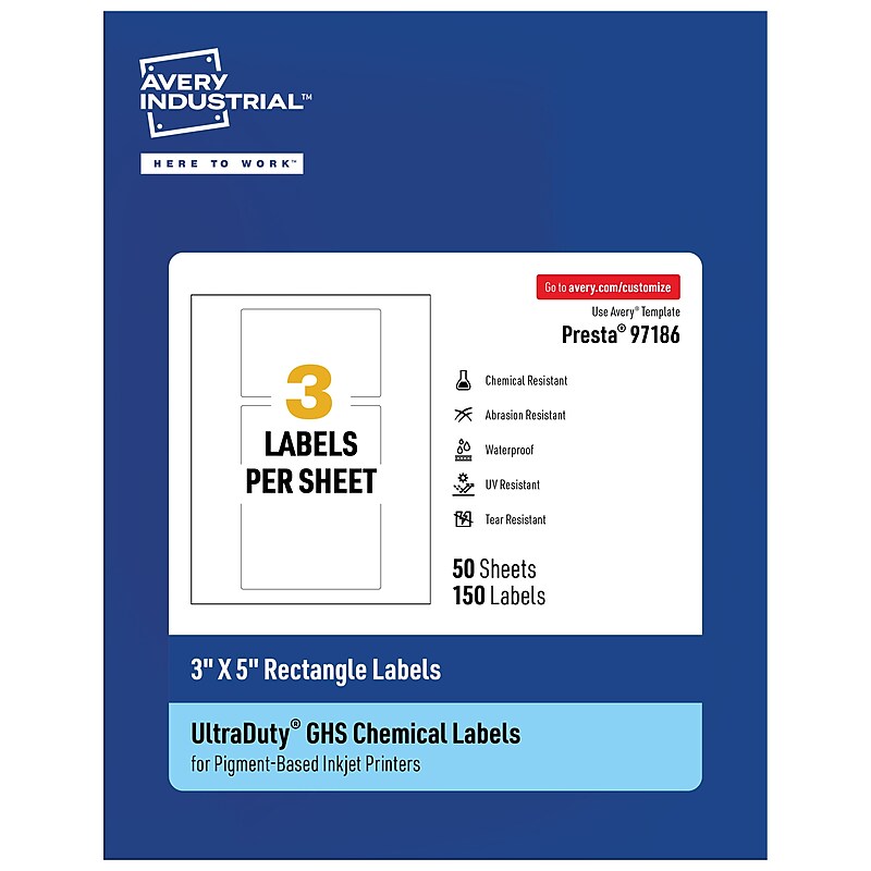 Avery Inkjet UltraDuty GHS Labels, 3" x 5", White, 150 Labels/Box (97186) image 1