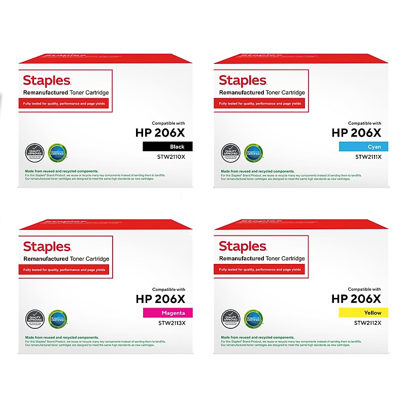 Staples Remanufactured Black/Cyan/Magenta/Yellow High Yield toner Replacement for HP 206X,4/Pack (STW2110-11-12-13X4PK-VB) image 1