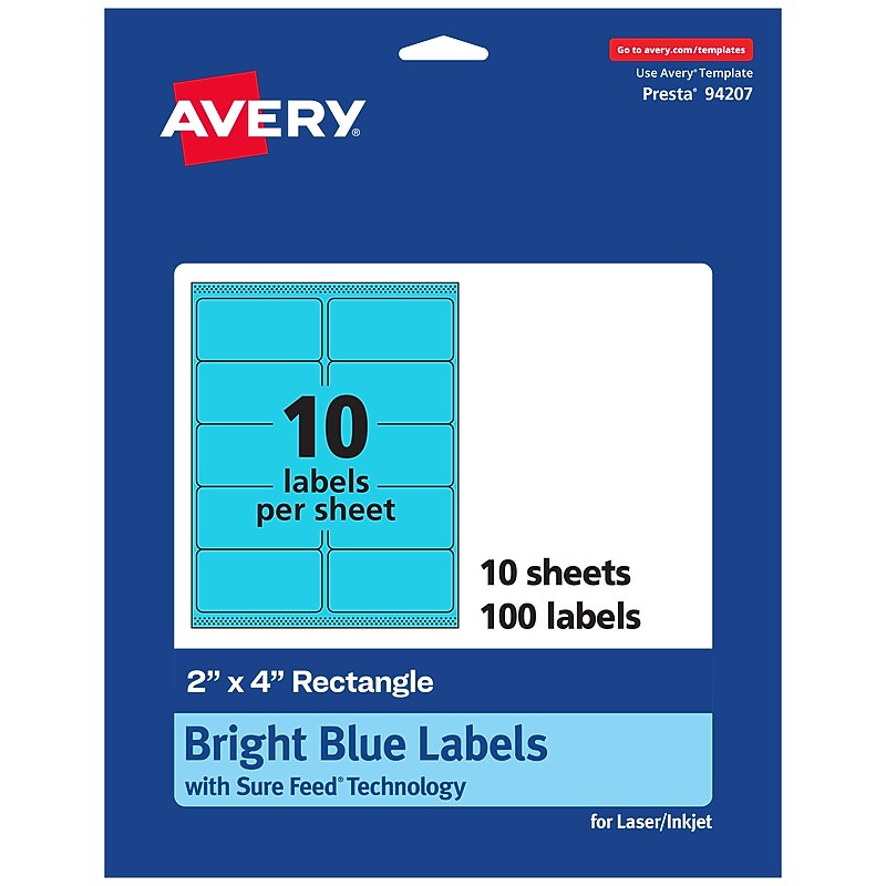 Avery Laser/Inkjet Multipurpose Labels, 2" x 4", Bright Blue, 10 Labels/Sheet, 10 Sheets/Pack (94207-BBP10) image 1