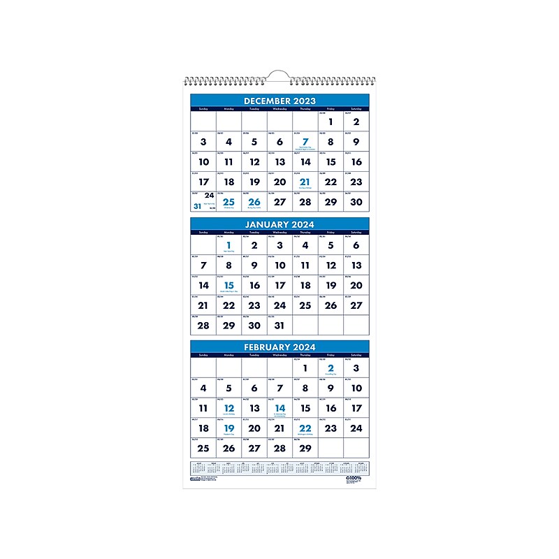 2024 House of Doolittle Compact 8" x 17" Three-Month Wall Calendar, White/Blue (3646-24) image 1
