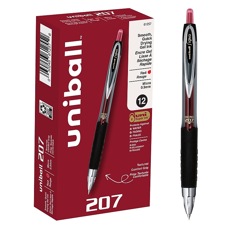 uni-ball 207 Retractable Gel Pens, Micro Point, 0.5mm, Red Ink, Dozen (61257) image 1