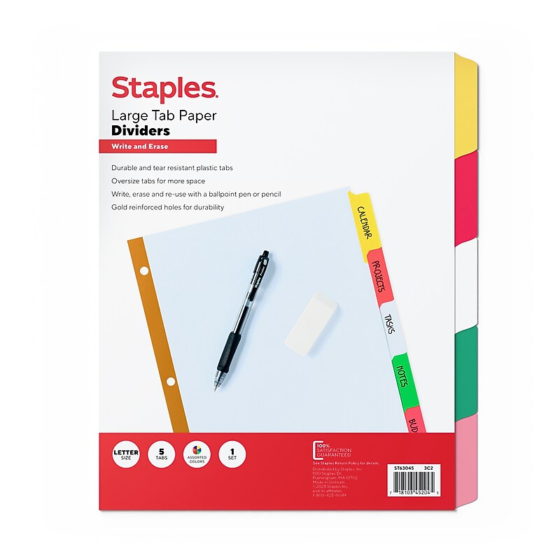 Staples Large Tab Write & Erase Paper Dividers, 5-Tab, Multicolor (ST63045) image 1
